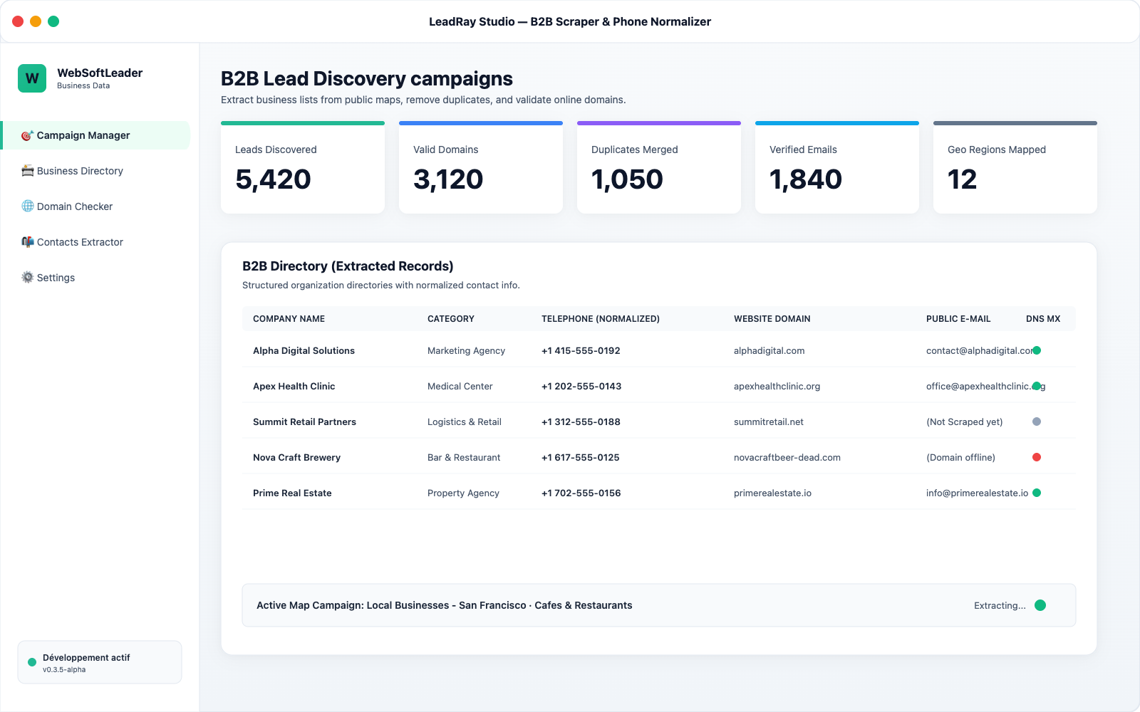 LeadRay Studio company scraper interface