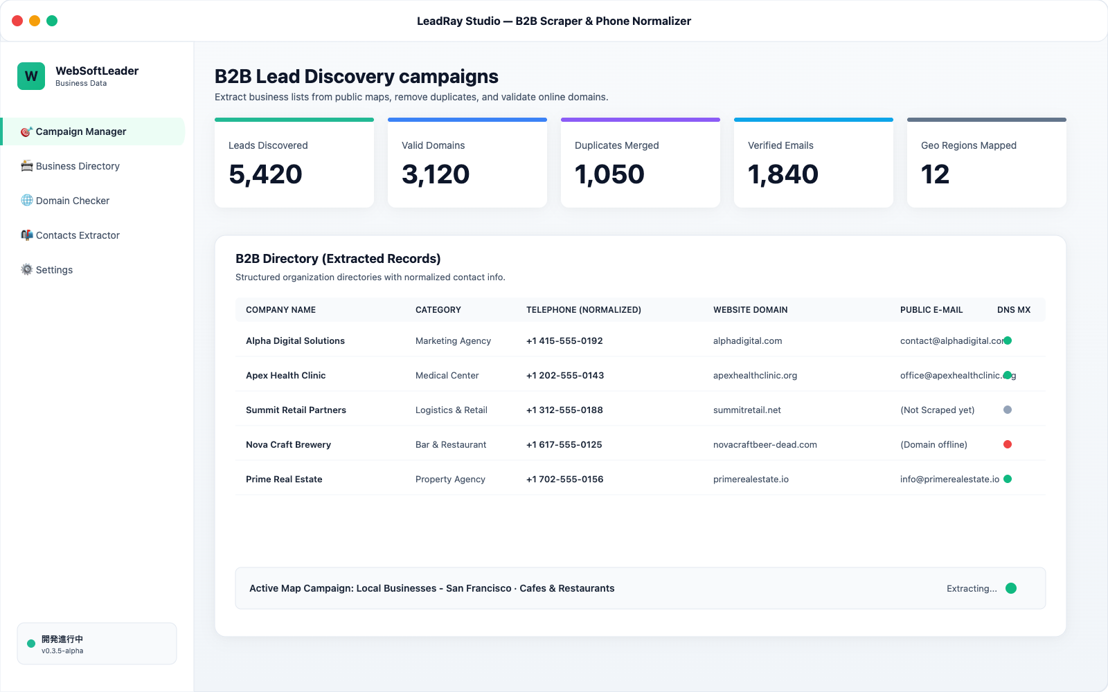LeadRay Studio company scraper interface