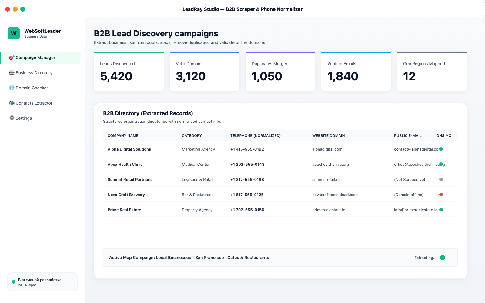 LeadRay Studio company scraper interface